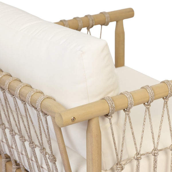 English Elm Light Teak Acacia Club Chair with Hand Knotted Rope Weave and Cream Outdoor Cushions N768P446378L