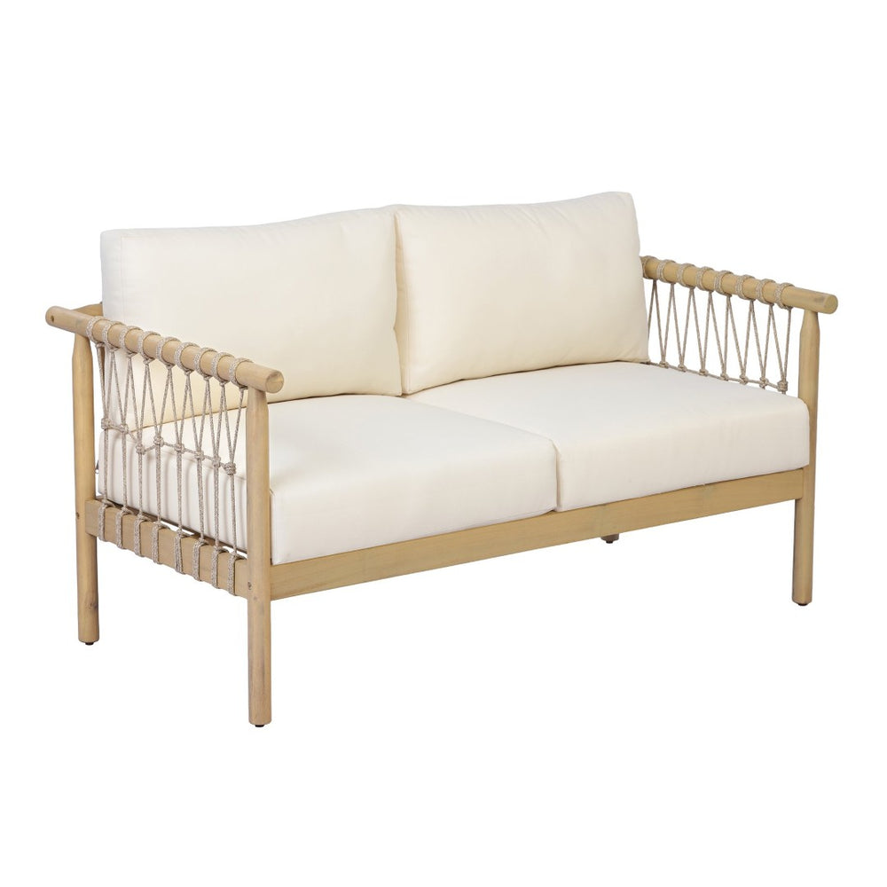 English Elm Light Teak Acacia Hardwood Outdoor Loveseat with Hand-Knotted Rope and Cream Cushions N768P446379L