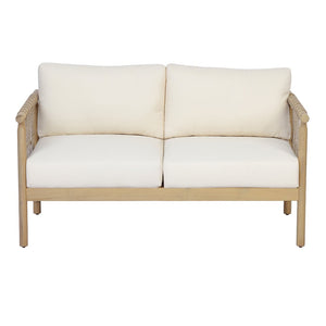 English Elm Light Teak Acacia Hardwood Outdoor Loveseat with Hand-Knotted Rope and Cream Cushions N768P446379L