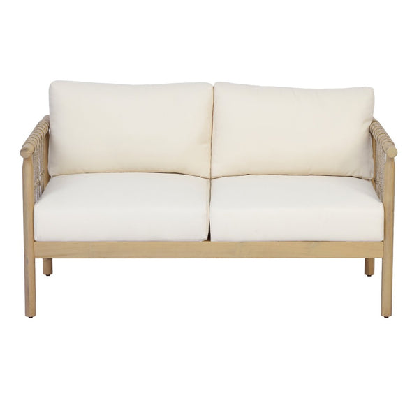 English Elm Light Teak Acacia Hardwood Outdoor Loveseat with Hand-Knotted Rope and Cream Cushions N768P446379L