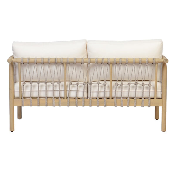 English Elm Light Teak Acacia Hardwood Outdoor Loveseat with Hand-Knotted Rope and Cream Cushions N768P446379L
