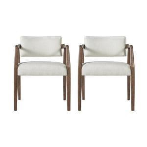 English Elm Mid-century Rubberwood Dining Armchair Set with Linen Upholstery and Tapered Sculpted Legs Beige+Brown N768P466147D