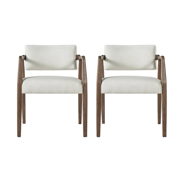 English Elm Mid-century Rubberwood Dining Armchair Set with Linen Upholstery and Tapered Sculpted Legs Beige+Brown N768P466147D