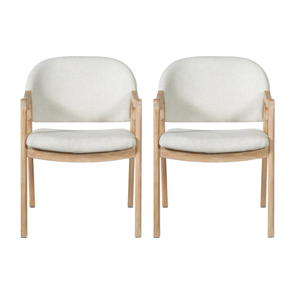 English Elm Mid-century Rubberwood Dining Armchair Set with Linen Upholstery and Tapered Sculpted Legs Beige/Natural N768P466342N