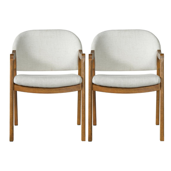 English Elm Mid-century Rubberwood Dining Armchair Set with Linen Upholstery and Tapered Sculpted Legs Beige/Walnut N768P466342W