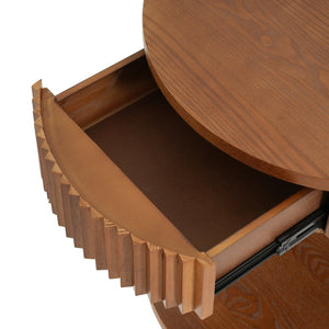 English Elm Mid-century Walnut Fluted Drawer Side Table with Open Shelf for Bedroom or Living Room N768P476676L