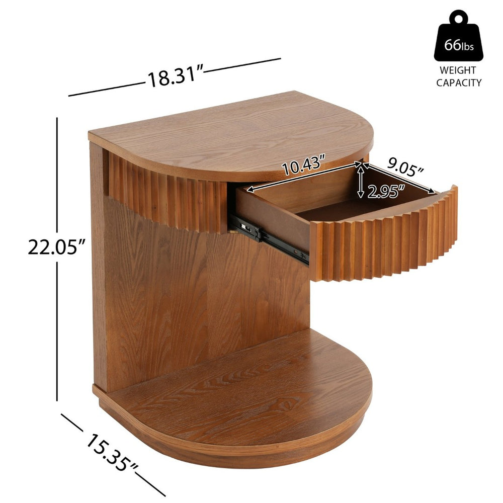 English Elm Mid-century Walnut Fluted Drawer Side Table with Open Shelf for Bedroom or Living Room N768P476676L
