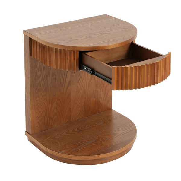 English Elm Mid-century Walnut Fluted Drawer Side Table with Open Shelf for Bedroom or Living Room N768P476676L