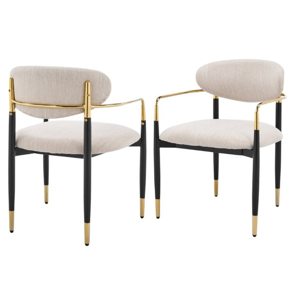 English Elm Modern Iron Dining Chairs Set of 2 Beige Upholstered with Gold Tone Armrests N768P496330B