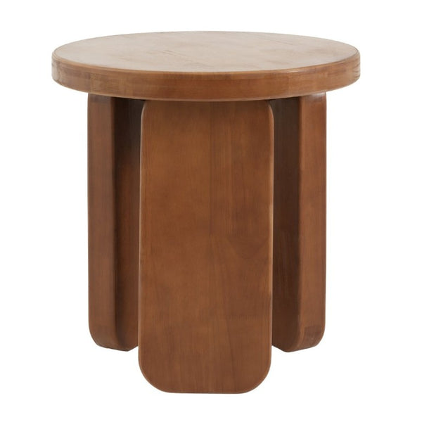 English Elm Minimalist Rubberwood Round Side Table with Walnut Grain Finish and Sculptural Three Post Base N768P505748W