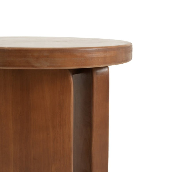 English Elm Minimalist Rubberwood Round Side Table with Walnut Grain Finish and Sculptural Three Post Base N768P505748W