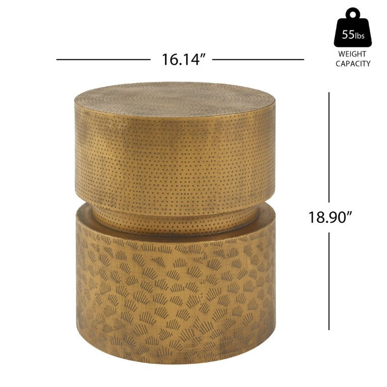 English Elm Vintage Iron Stacked Cylinder Side Table with Antique Brass Finish for Patio or Home N768P505759G