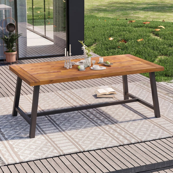 English Elm Carlie Outdoor Acacia Slatted Dining Table with Powder Coated Iron Legs Seats Six N768P532814F