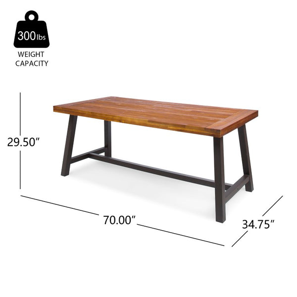 English Elm Carlie Outdoor Acacia Slatted Dining Table with Powder Coated Iron Legs Seats Six N768P532814F