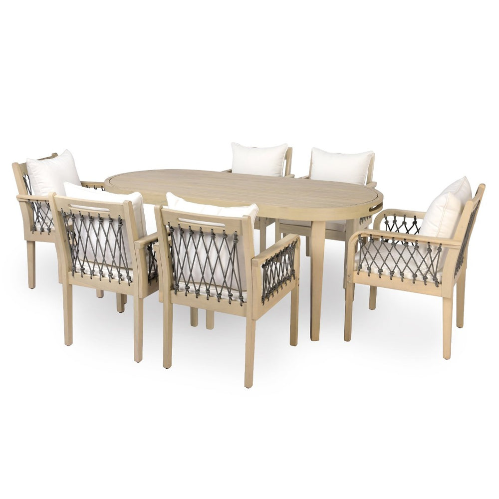 English Elm 7-Piece Outdoor Acacia Wood Dining Set with Rope Woven Chairs and Weather Resistant Cushions N768S426907L