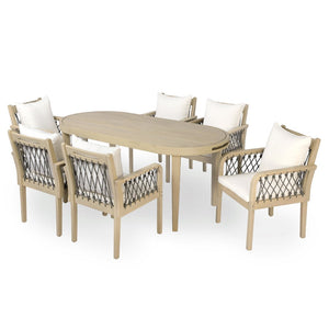 English Elm 7-Piece Outdoor Acacia Wood Dining Set with Rope Woven Chairs and Weather Resistant Cushions N768S426907L