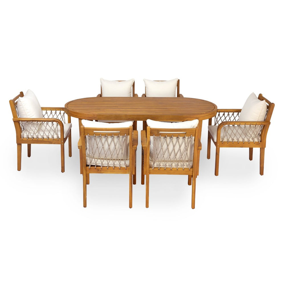 English Elm 7-Piece Outdoor Acacia Wood Patio Dining Set with Rope Woven Chairs and Teak Finish N768S426907T