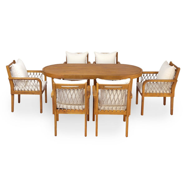 English Elm 7-Piece Outdoor Acacia Wood Patio Dining Set with Rope Woven Chairs and Teak Finish N768S426907T