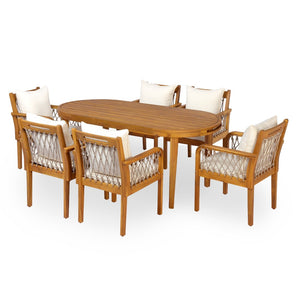 English Elm 7-Piece Outdoor Acacia Wood Patio Dining Set with Rope Woven Chairs and Teak Finish N768S426907T