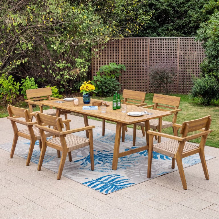 English Elm 7-Piece Solid Acacia Outdoor Dining Set Woven Wicker Chairs Extendable Teak Table N768S437007T