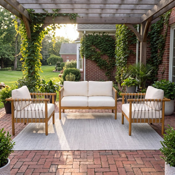 English Elm Outdoor Acacia Wood Patio Conversation Set with Rope Weaving and Plush Cream Cushions N768S446373T