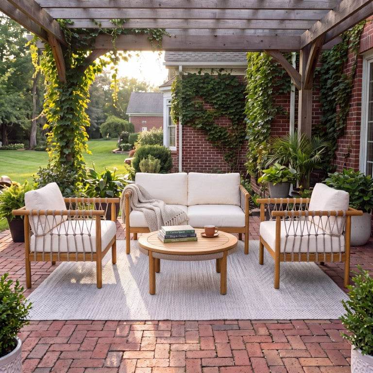 English Elm Outdoor Acacia Wood Patio Conversation Set with Rope Weaving and Plush Cream Cushions N768S446373T