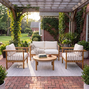 English Elm Outdoor Acacia Wood Patio Conversation Set with Rope Weaving and Plush Cream Cushions N768S446373T