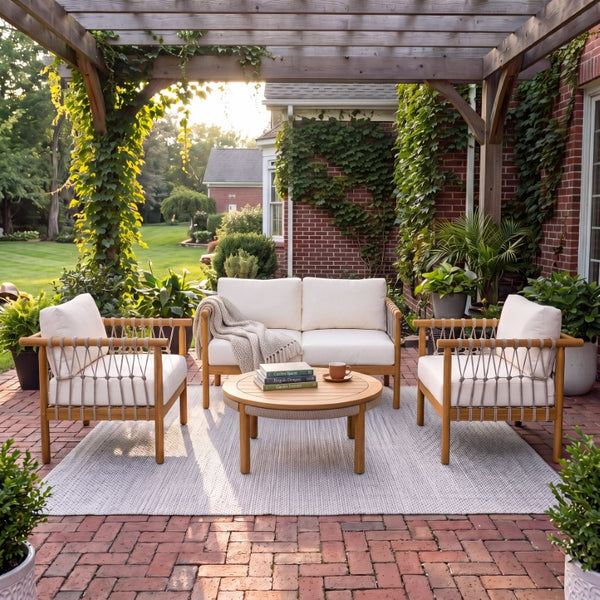 English Elm Outdoor Acacia Wood Patio Conversation Set with Rope Weaving and Plush Cream Cushions N768S446373T