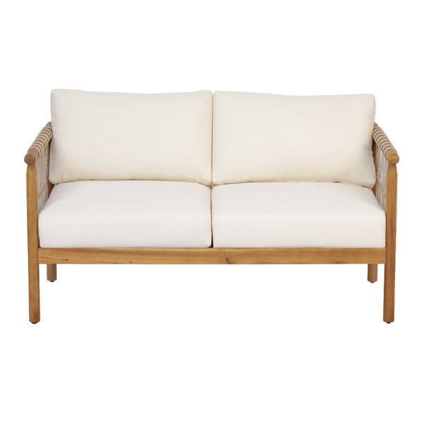 English Elm Outdoor Acacia Wood Patio Conversation Set with Rope Weaving and Plush Cream Cushions N768S446373T