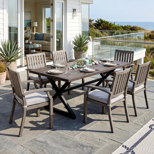 English Elm 7-piece Outdoor Dining Set Aluminum Table Cushioned Chairs Rust Resistant Patio Black+Brown, Grey+Silver N768S660507B