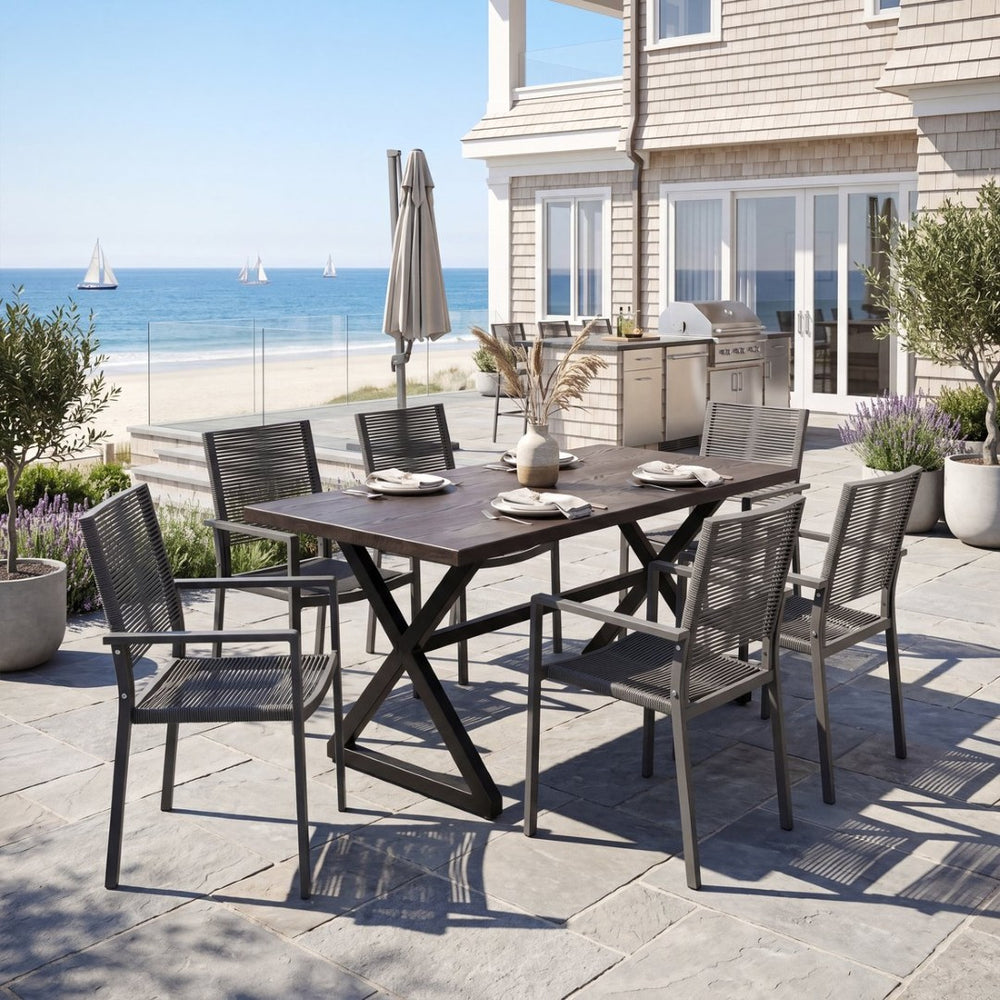 English Elm 7-piece Rust-proof Aluminum Woven Rope Patio Dining Set with Wood-look Rectangular Table N768S700507B