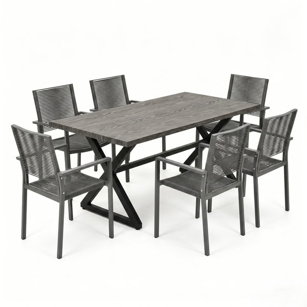 English Elm 7-piece Outdoor Aluminum Woven Rope Patio Dining Set Seats Six with Wood-look Table N768S700507G