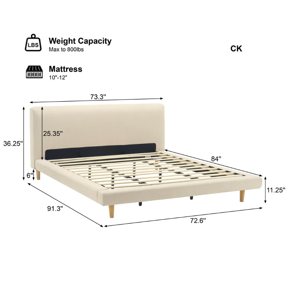English Elm Beige Upholstered California King Bed with Chunky Headboard and Rubberwood Legs N769CK450727B