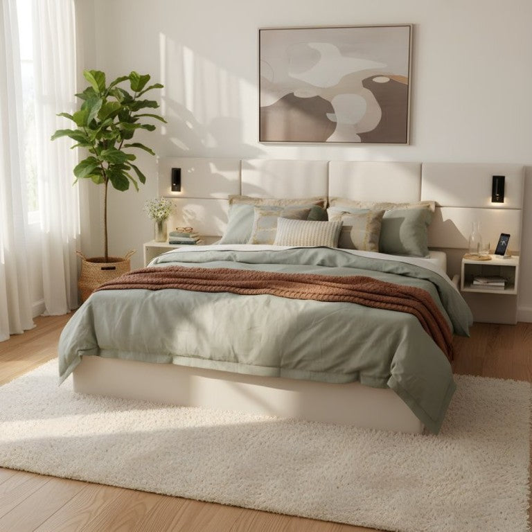 English Elm Soft, Padded King Upholstered Bed with Built-In Reading Lights and Open Shelving N769K343384W