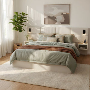 English Elm Soft, Padded King Upholstered Bed with Built-In Reading Lights and Open Shelving N769K343384W
