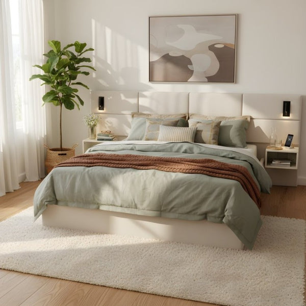 English Elm Soft, Padded King Upholstered Bed with Built-In Reading Lights and Open Shelving N769K343384W