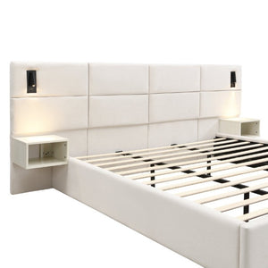 English Elm Soft, Padded King Upholstered Bed with Built-In Reading Lights and Open Shelving N769K343384W