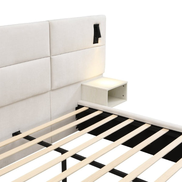 English Elm Soft, Padded King Upholstered Bed with Built-In Reading Lights and Open Shelving N769K343384W