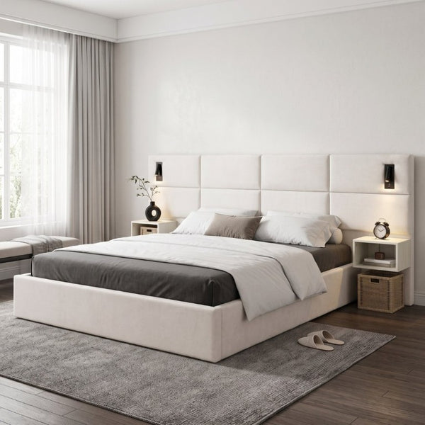English Elm Soft, Padded King Upholstered Bed with Built-In Reading Lights and Open Shelving N769K343384W