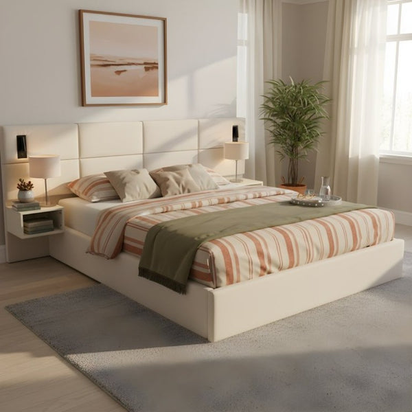 English Elm Soft, Padded King Upholstered Bed with Built-In Reading Lights and Open Shelving N769K343384W