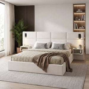 English Elm Soft, Padded King Upholstered Bed with Built-In Reading Lights and Open Shelving N769K343384W
