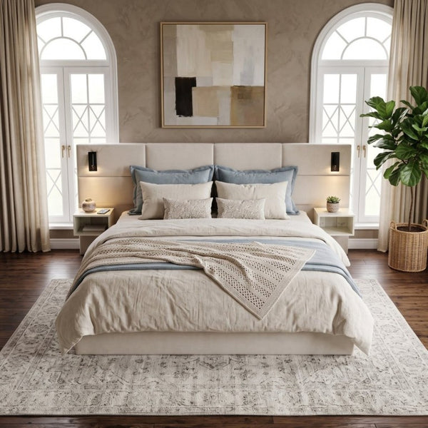 English Elm Soft, Padded King Upholstered Bed with Built-In Reading Lights and Open Shelving N769K343384W