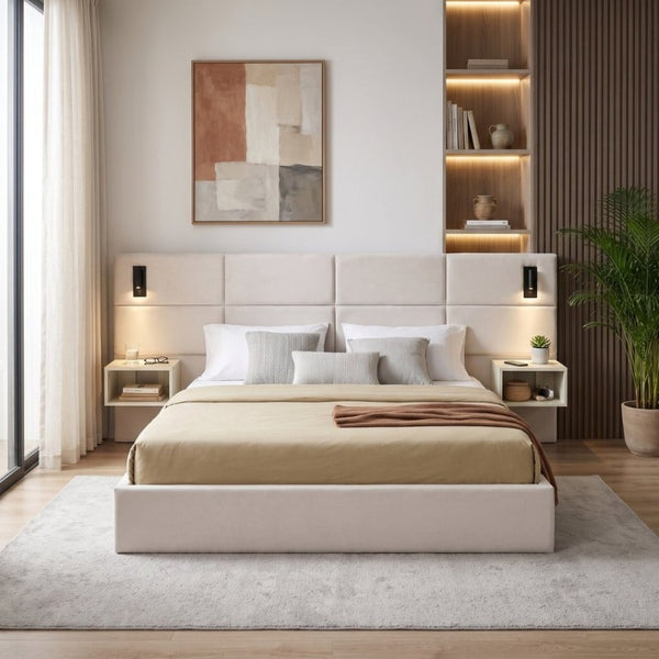 English Elm Soft, Padded King Upholstered Bed with Built-In Reading Lights and Open Shelving N769K343384W