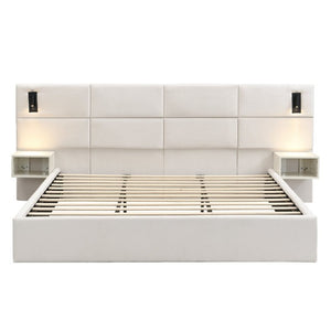 English Elm Soft, Padded King Upholstered Bed with Built-In Reading Lights and Open Shelving N769K343384W