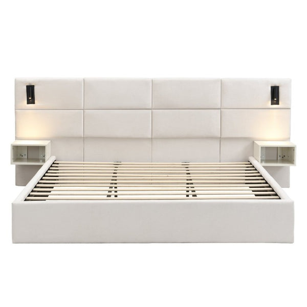English Elm Soft, Padded King Upholstered Bed with Built-In Reading Lights and Open Shelving N769K343384W