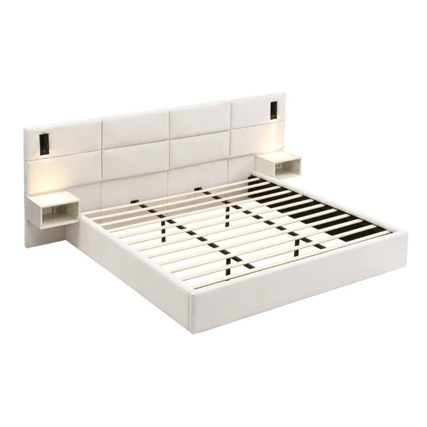 English Elm Soft, Padded King Upholstered Bed with Built-In Reading Lights and Open Shelving N769K343384W