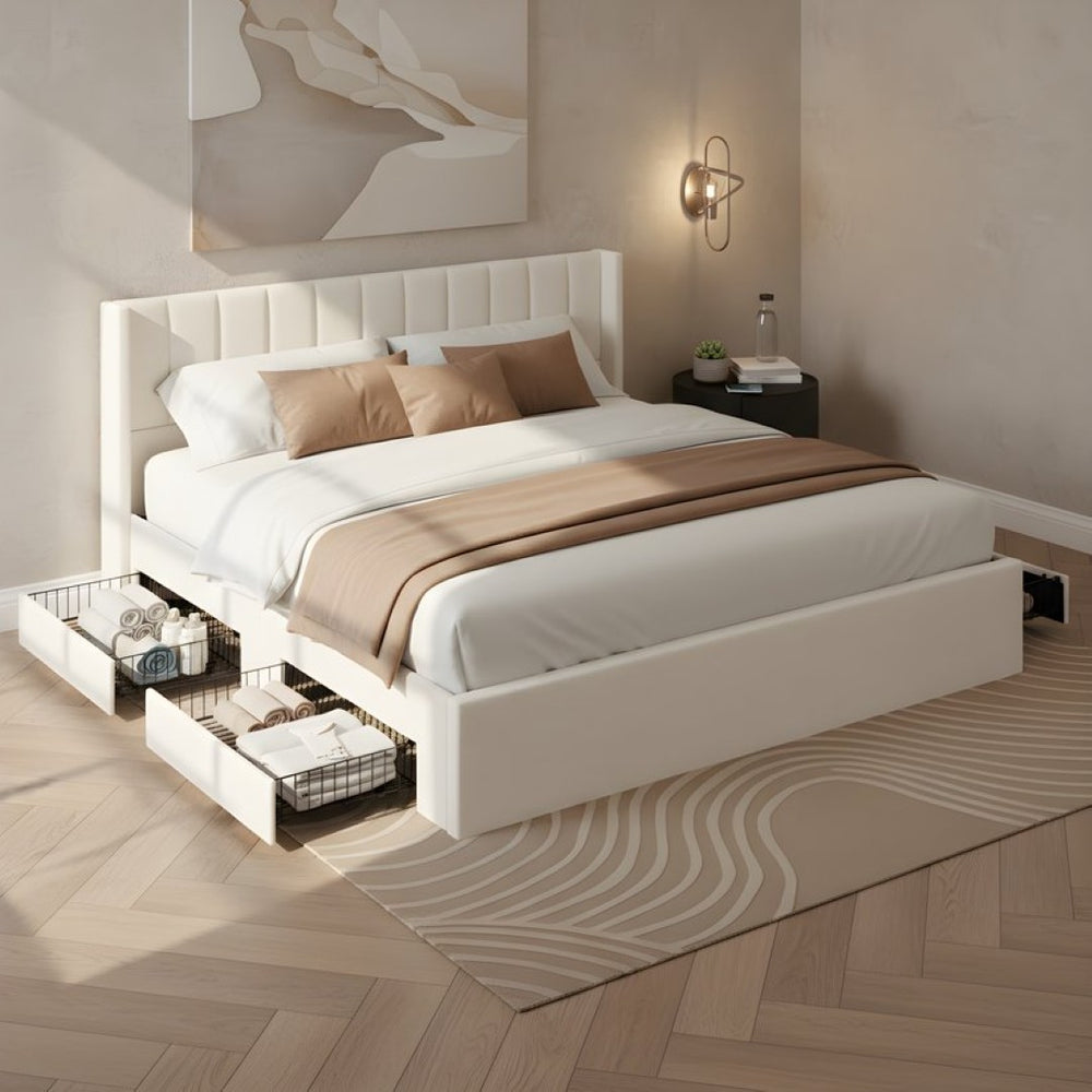 English Elm Large-capacity King Storage Bed Upholstered Headboard Four Drawers Solid Wood Frame N769K385590B