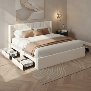 English Elm Large-capacity King Storage Bed Upholstered Headboard Four Drawers Solid Wood Frame N769K385590B