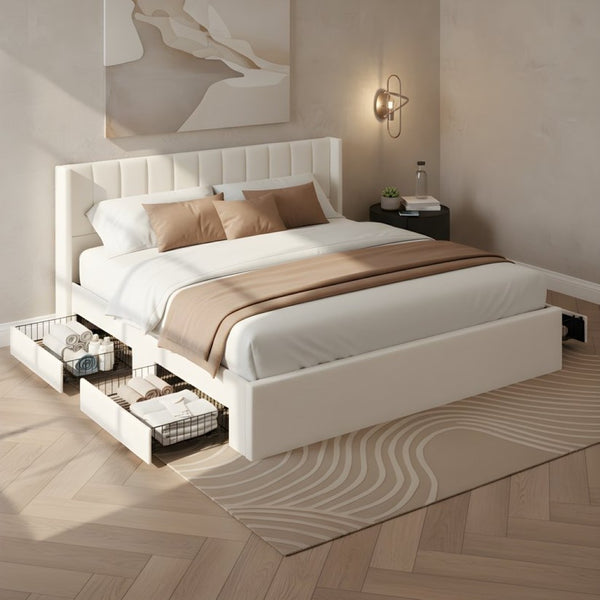 English Elm Large-capacity King Storage Bed Upholstered Headboard Four Drawers Solid Wood Frame N769K385590B
