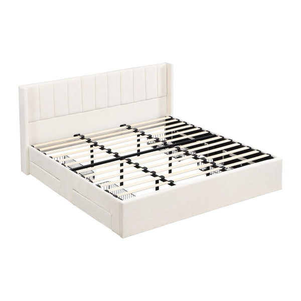 English Elm Large-capacity King Storage Bed Upholstered Headboard Four Drawers Solid Wood Frame N769K385590B